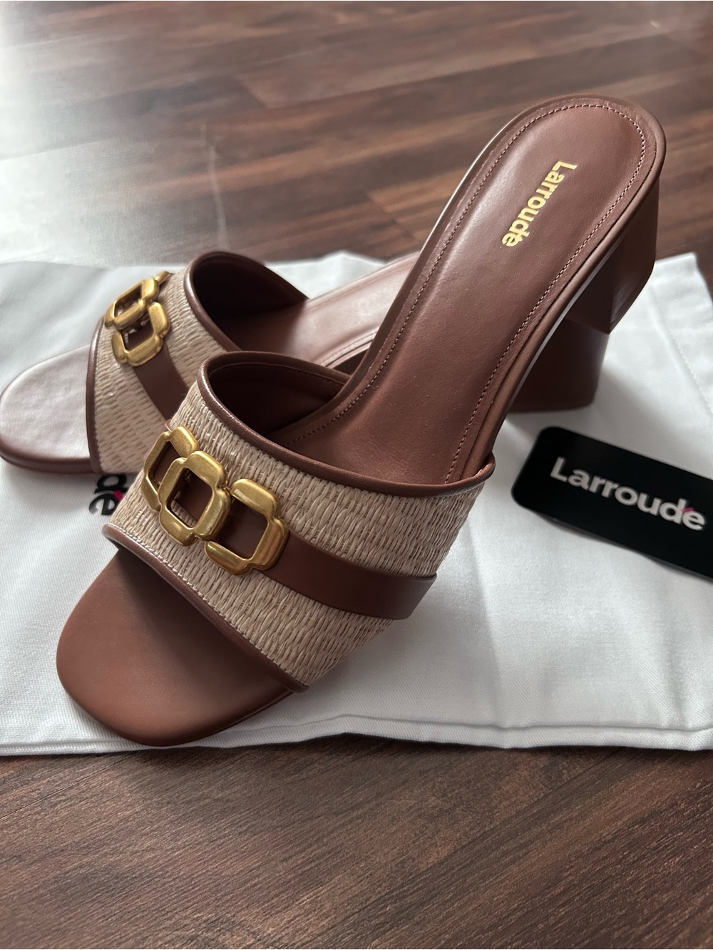 Larroude Caramel & Natural Raffia Block Heel Mules size 10